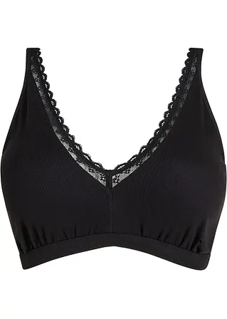 Geripptes Bralette mit Bio-Baumwolle und Spitze in schwarz von vorne - bonprix