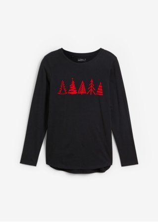 Baumwoll Langarm-Shirt mit Weihnachtsmotiv in schwarz von vorne - bpc bonprix collection