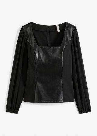 Bluse mit Chiffonärmel, Lederimitat  in schwarz von vorne - BODYFLIRT boutique