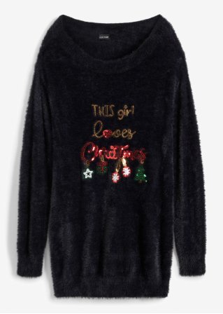 Off-Shoulder-Pullover mit Weihnachtsmotiv in schwarz von vorne - BODYFLIRT