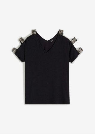 Shirt mit Pailletten-Applikation in schwarz von vorne - BODYFLIRT
