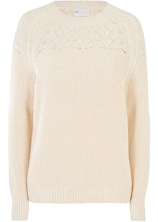 Baumwoll-Pullover mit Ajourmuster in beige von vorne - bpc selection