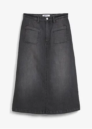 Stretch-Jeansrock, Midi-Länge in schwarz von vorne - bonprix