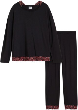 Pyjama mit Viskose und zweifarbiger Spitze in schwarz von vorne - bpc bonprix collection