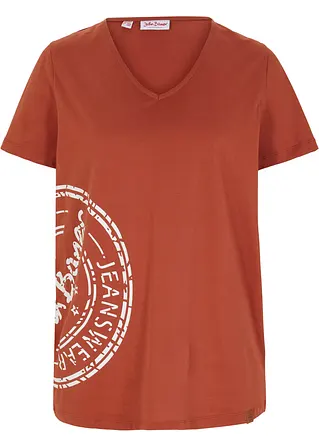 T-Shirt mit V-Kragen, bedruckt in braun von vorne - John Baner JEANSWEAR