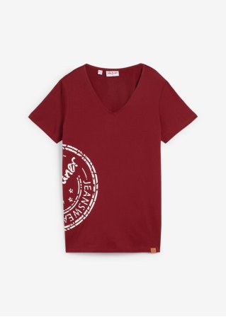 T-Shirt mit V-Kragen, bedruckt in rot von vorne - John Baner JEANSWEAR