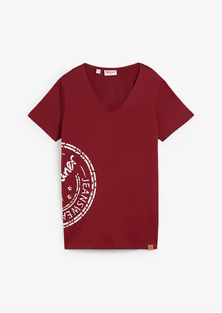 T-Shirt mit V-Kragen, bedruckt in rot von vorne - John Baner JEANSWEAR