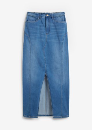 Jeans Rock, Low Waist, Bequembund in blau von vorne - bpc bonprix collection