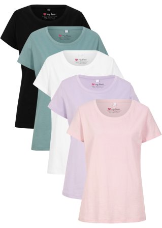 Rundhals-Shirt, Kurzarm (5er Pack) in lila von vorne - bpc bonprix collection