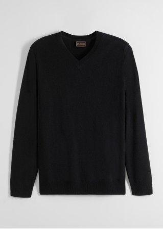 Woll-Pullover mit Good Cashmere Standard®-Anteil, V-Ausschnitt in schwarz von vorne - bpc selection premium
