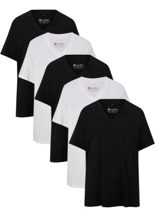 Weites Long-Shirt mit V-Ausschnitt, Kurzarm (5er Pack) in schwarz von vorne - bpc bonprix collection