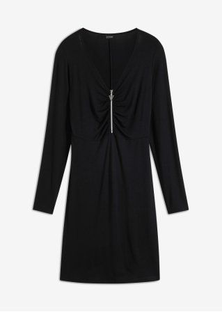 Jerseykleid mit Reißverschluss in schwarz von vorne - BODYFLIRT