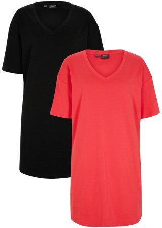 T-Shirtkleid mit V-Ausschnitt, oversize (2er Pack) in pink von vorne - bpc bonprix collection
