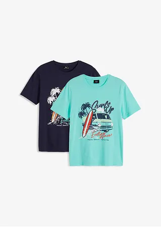 T-Shirt (2er Pack) aus reiner Bio-Baumwolle in blau von vorne - bonprix