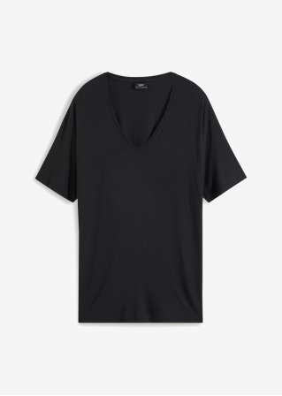 Long-Shirt mit V-Ausschnitt und Fledermausärmeln in schwarz von vorne - bpc bonprix collection