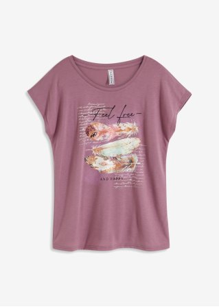 T-Shirt mit Federdruck in lila von vorne - RAINBOW