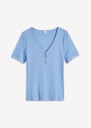 Rippshirt mit Reißverschluss in blau von vorne - BODYFLIRT boutique