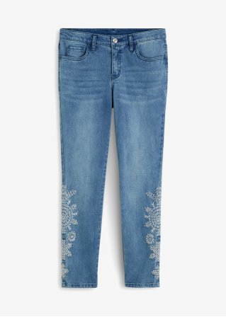 Skinny-Jeans mit Lochstickerei in blau von vorne - BODYFLIRT
