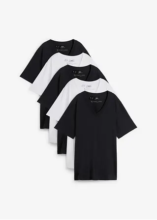 Weites Long-Shirt mit V-Ausschnitt, Kurzarm (5er Pack) in schwarz von vorne - bonprix