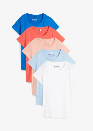 Rundhals-Shirt, Kurzarm (5er Pack) in rosa von vorne - bonprix