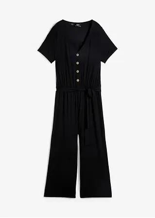 Jersey-Jumpsuit mit V-Ausschnitt, kurzarm in schwarz von vorne - bonprix