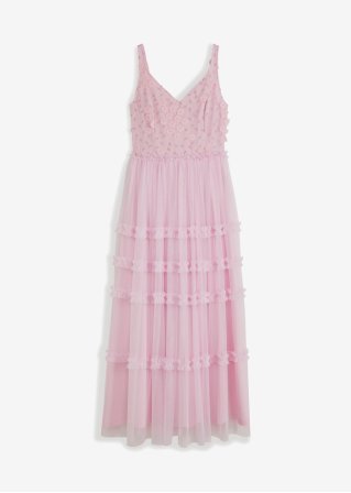 Kleid mit Rüschen und Blümchen-Applikation in rosa von vorne - BODYFLIRT boutique