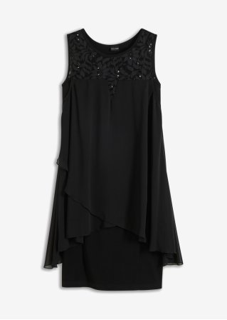 Jerseykleid mit Chiffon in schwarz von vorne - BODYFLIRT