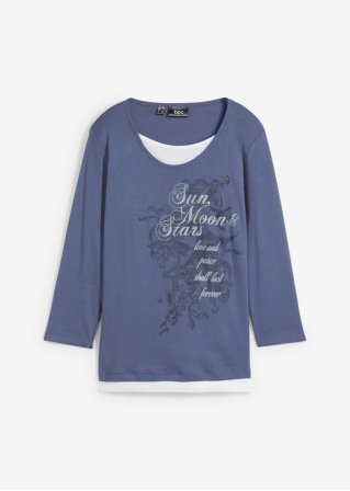 2 in 1 Baumwoll-Shirt, 3/4-Arm in blau von vorne - bpc bonprix collection