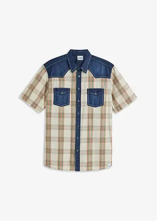 Kurzarmhemd mit Denimbesatz in beige von vorne - bonprix