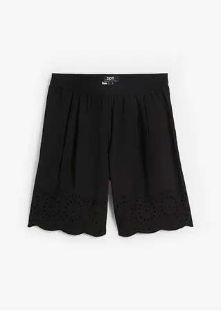 Weite Baumwollshorts mit High-Waist-Bequembund und Lochstickerei in schwarz von vorne - bonprix