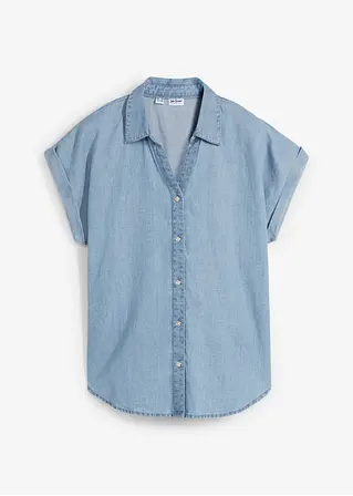 Jeans-Kurzarmbluse mit Leinen in blau von vorne - bonprix