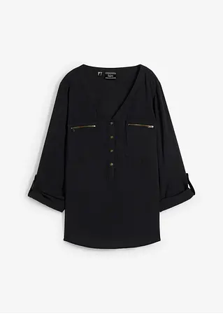 Viskose-Bluse mit V-Ausschnitt, langarm in schwarz von vorne - bonprix