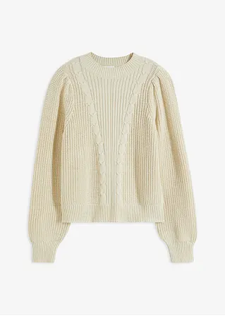 Grobstrick-Pullover mit Ballonärmeln in beige von vorne - bonprix