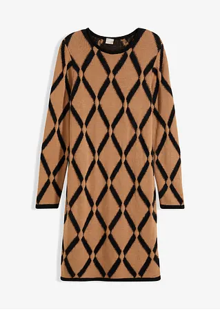 Strickkleid mit Rautenmuster aus Federgarn in braun von vorne - bonprix