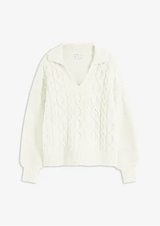 Oversize-Pullover mit Zopfmuster in weiß von vorne - bonprix