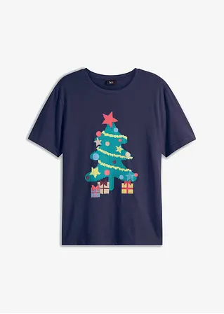 T-Shirt mit Weihnachtsmotiv aus Bio-Baumwolle in blau von vorne - bonprix