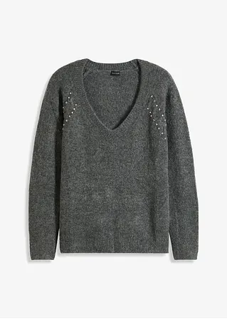 Pullover mit Strass-Applikation in grau von vorne - bonprix