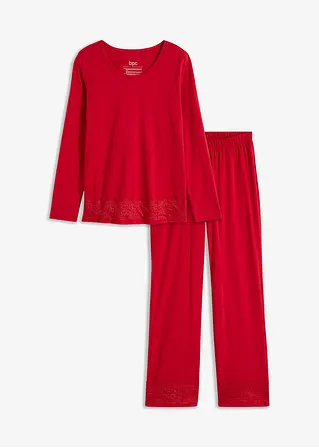 Pyjama aus weicher Baumwolle mit Spitze in rot von vorne - bonprix