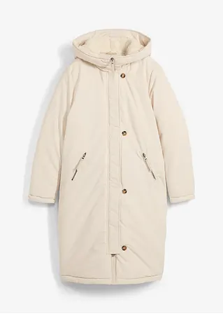 Wintermantel mit Teddyfell in der Kapuze in beige von vorne - bonprix