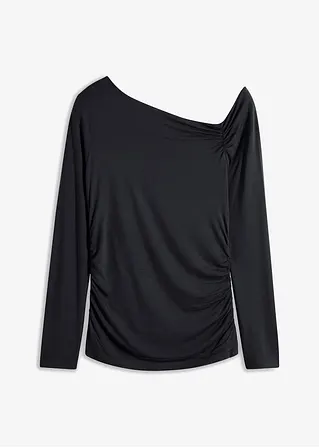 Shirt mit asymmetrischem Ausschnitt und Raffungen in schwarz von vorne - bonprix