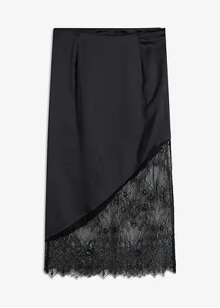 Midirock aus fließendem Satin in schwarz von vorne - bonprix