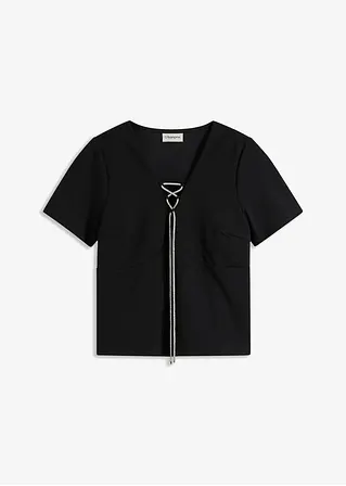 Cropped Shirt mit Glitzer-Schleife in schwarz von vorne - bonprix