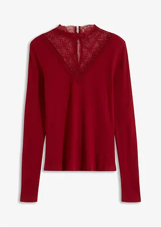 Rippshirt mit Spitzen-Ausschnitt in rot von vorne - bonprix