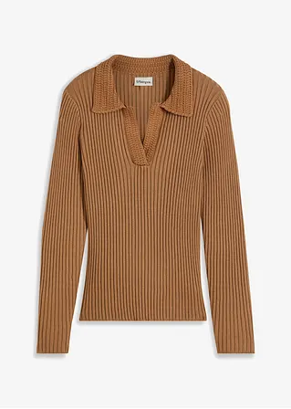 Feinstrickpullover mit schmückendem Kragen in braun von vorne - bonprix