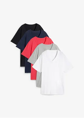 Weites Long-Shirt mit V-Ausschnitt, Kurzarm (5er Pack) in schwarz von vorne - bonprix