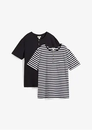 Kurzarm-Henleyshirt (2er Pack) aus reiner Bio-Baumwolle in schwarz von vorne - bonprix