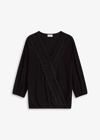 3/4-Arm Shirt mit Spitze in Wickeloptik in schwarz von vorne - bonprix