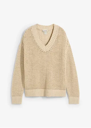 Ajour-Pullover aus leichtem Leinen-Mix in beige von vorne - bonprix