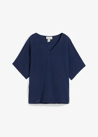 Shirt mit Seidenanteil und Webeinsatz in blau von vorne - bonprix