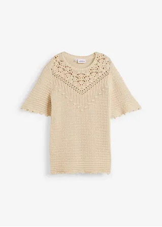 Ajour-Pullover mit Leinenanteil in beige von vorne - bonprix